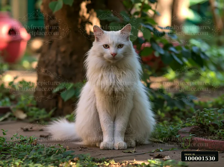 A fluffy white Mandalay cat sits calmly among greenery in a garden.