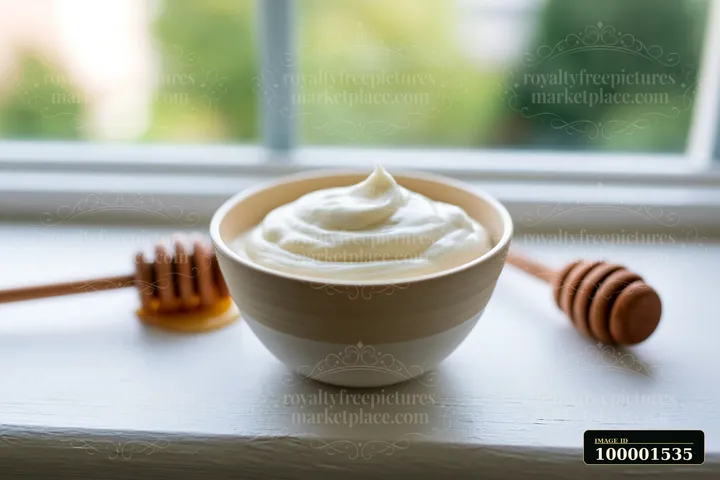 A bowl filled with cream sits beside a honey dipper on a windowsill.