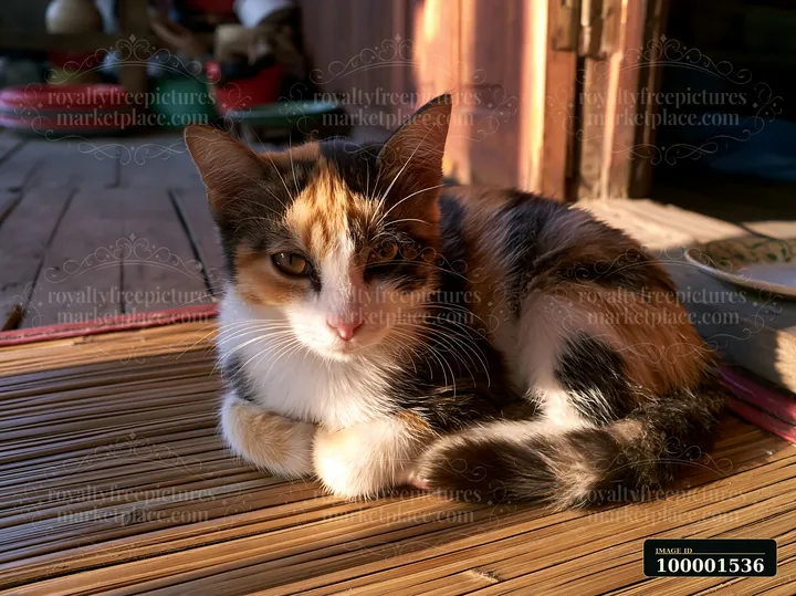 A Mandalay cat rests on a wooden floor, surrounded by soft light coming from an open doorway.