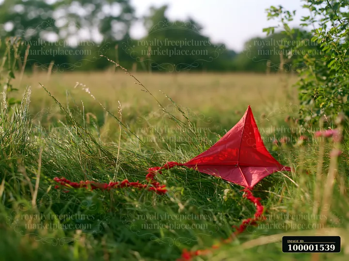 A red kite lies on green grass in a meadow as the wind blows through meadow grass.