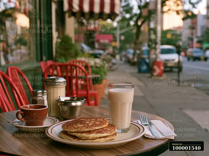 A table outside a cafe shows a plate of pancakes alongside a glass of milk and a small cup of coffee.