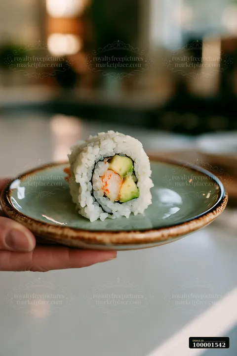 A hand holds a plate with one California roll piece on plate, showcasing the sushi roll with shrimp and avocado in a bright kitchen setting.