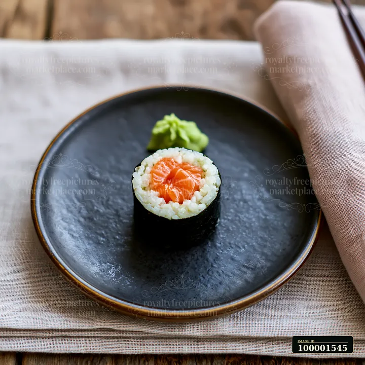 One salmon maki piece with wasabi sits on a black plate in a simple setting.