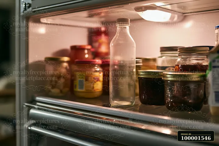 An empty bottle sits on a shelf in a refrigerator alongside various jars and condiments.