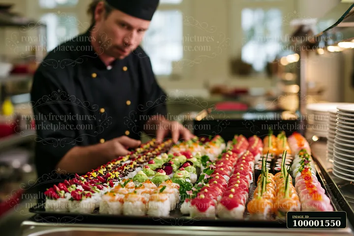 A chef arranges a sushi platter for a catering event in a bustling kitchen.