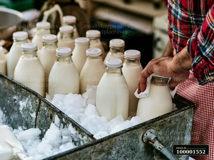 Bottles of artisan milk are displayed on a stall filled with ice, while a vendor prepares to serve a customer in a lively street market.