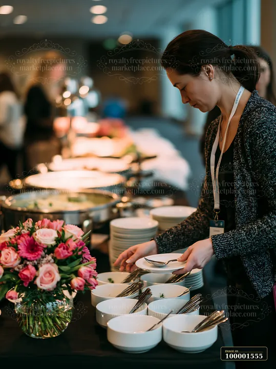 A woman arranges plates at a buffet during a business conference.