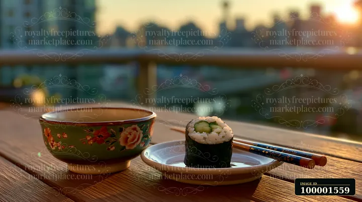 A single cucumber maki roll sits on a plate next to a bowl on a wooden table.