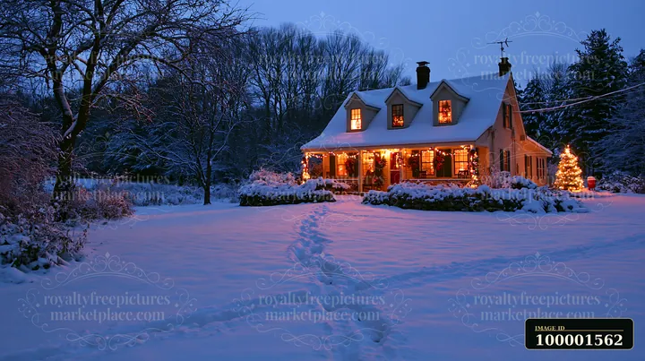 A country cottage with Christmas decorations sits in a snowy landscape.