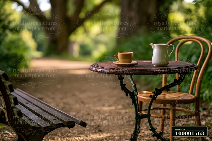 A wooden table holds a latte and a milk jug under green trees in a garden.