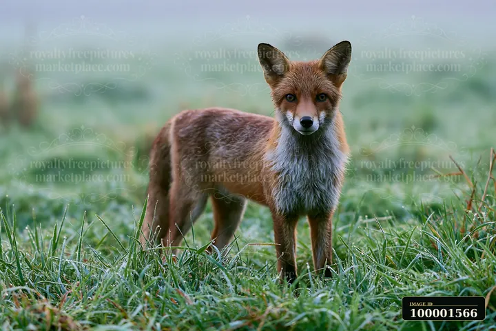A fox stands in a grassy meadow as fog drifts across the landscape.