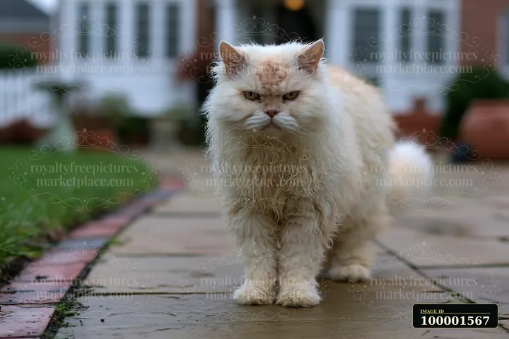 A Selkirk Rex cat walks along a stone path in a garden.