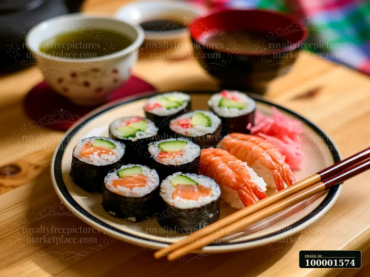 Freshly prepared sushi close-up shows different types of rolls alongside shrimp and pickled ginger.