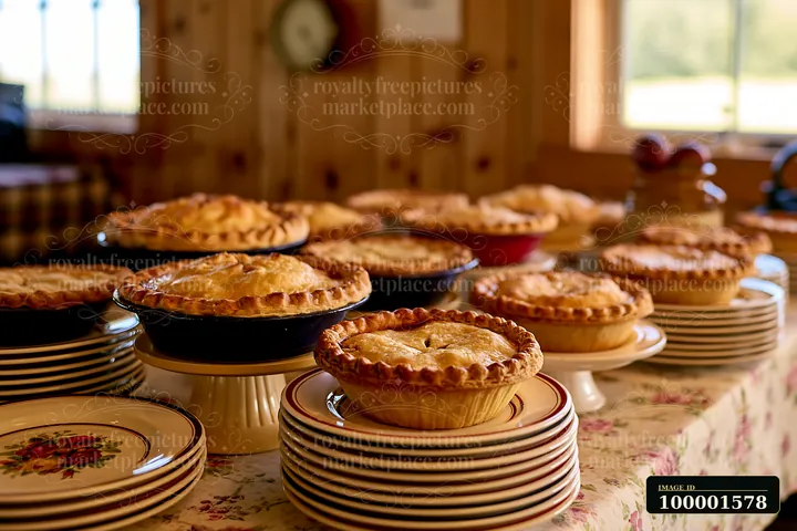 A table is set with multiple freshly baked pies surrounded by plates at a charity event buffet.