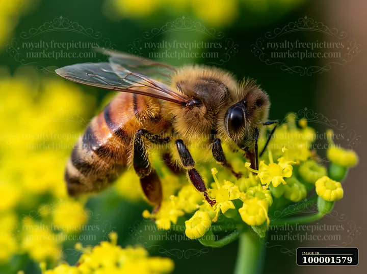 A honey bee gathers nectar from a bright yellow flower, showcasing its visible hairs.