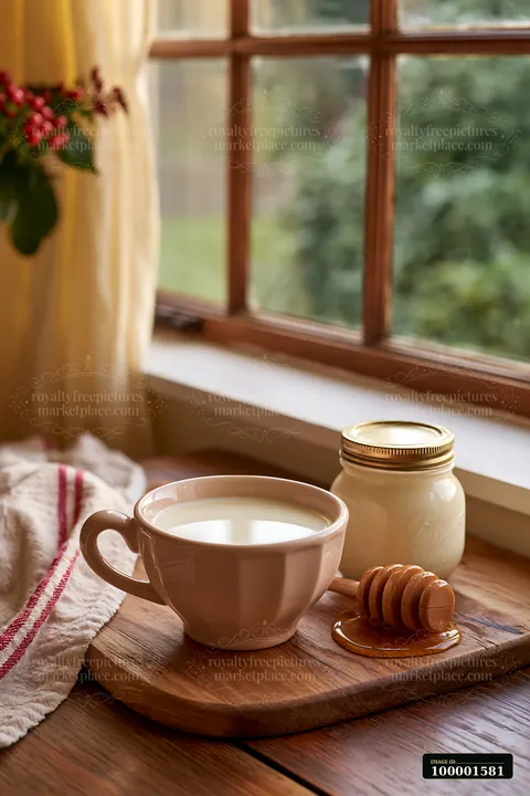 A cup filled with cream sits on a wooden board beside a jar of honey and a honey dipper.
