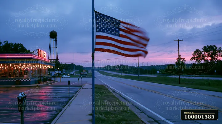 The American flag flying in strong wind near a diner along a highway as the sun sets, casting light on the scene.