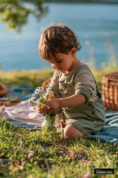 A child is sitting on the grass, arranging flowers into a jar during a Swiss picnic by an alpine lake.