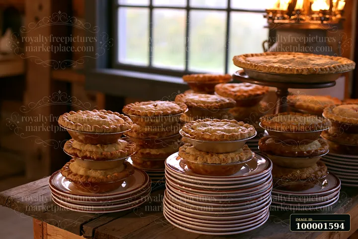 Stacks of baked pies are arranged on plates, creating a buffet setup at a charity event.