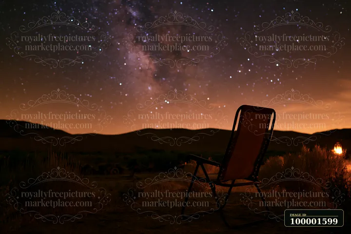A wooden chair sits in a desert campsite under a starry night sky filled with bright stars and the Milky Way, with mountains silhouetted in the background.