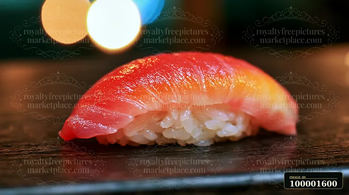 A single sushi piece with colorful fish topping sits on a dark plate.