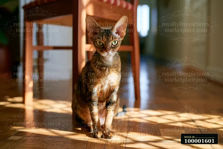 A Devon Rex cat with large ears sits on a wooden floor in a hallway.