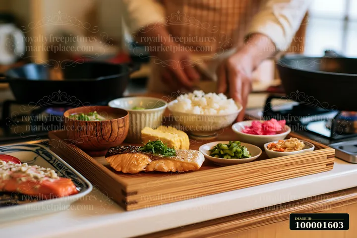 A chef prepares traditional sushi breakfast in Japan, arranging fish, rice, and side dishes on a wooden tray in a kitchen setting.
