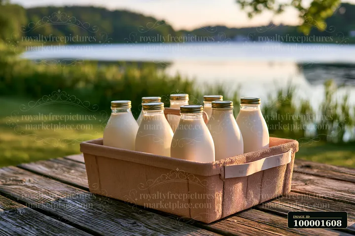 A delivery box holds several milk bottles on a wooden table next to a lake at sunset.