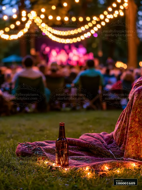 An empty bottle at outdoor event is placed on a blanket on the grass, with attendees seated in the background enjoying a performance surrounded by string lights