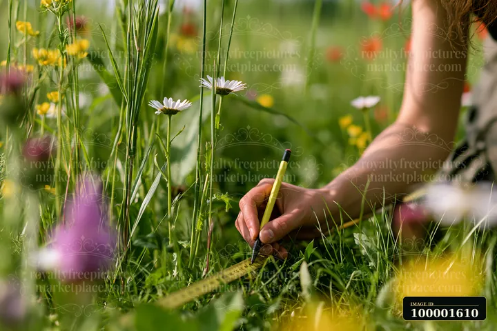 A person is measuring plants with a ruler while working on a meadow restoration project in a field filled with various wildflowers.