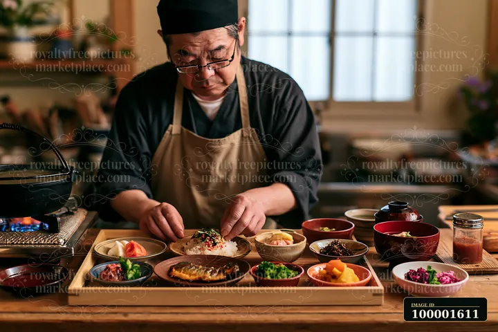 A chef carefully assembles a traditional sushi breakfast in Japan, placing various dishes on a wooden tray.