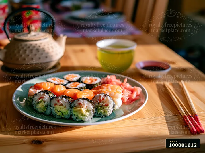 Freshly prepared sushi close-up features a variety of rolls and sashimi arranged on a plate.