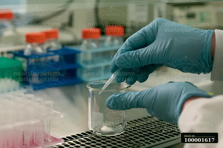 A hand in a blue glove measures a cream dose using a pipette in a clean laboratory setting with lab equipment in the background.