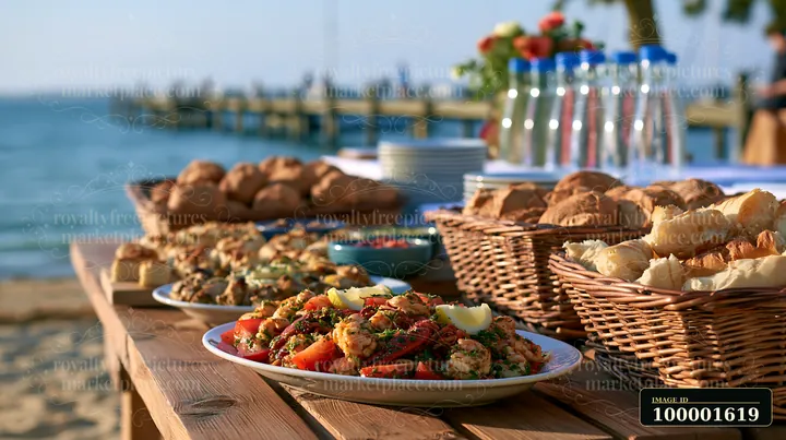 A buffet featuring various foods is set up on a wooden table at the beach.