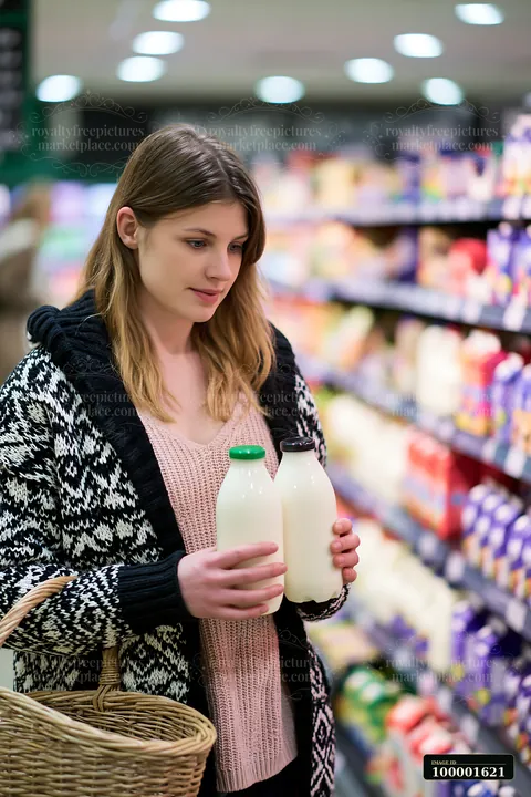 A customer stands in a grocery store aisle, holding two different local milk bottles while examining them closely.