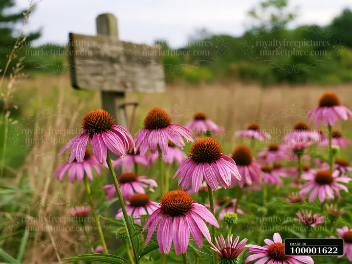 Echinacea flowers in prairie stand tall with purple petals and prominent orange centers.