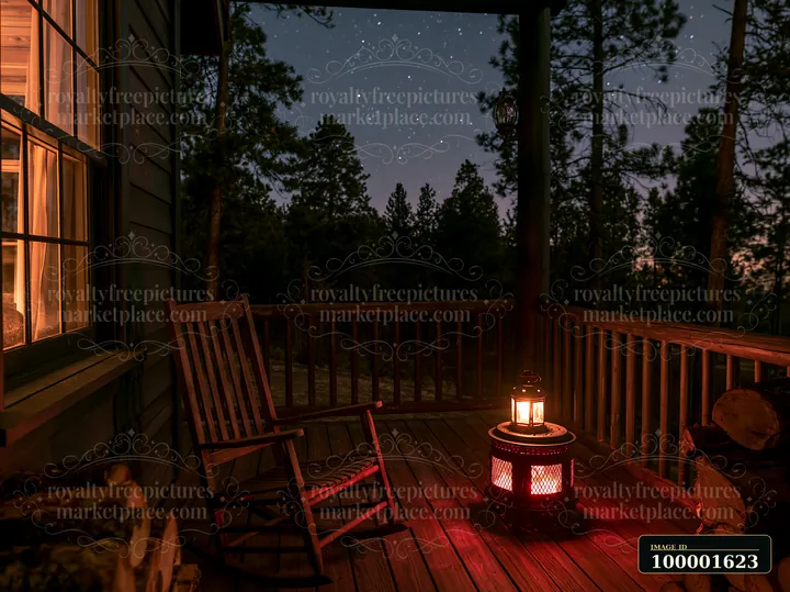 A warm porch features a rocking chair and a lantern, with a starry night above a pine forest.