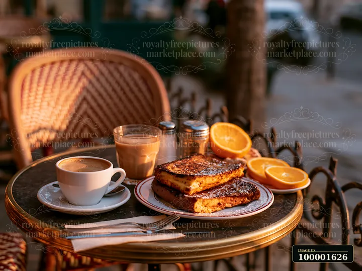 A street cafe table features milk coffee, sliced oranges, and breakfast toast.