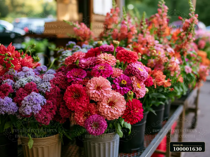 Bright flowers are arranged in pots at a farmers market.
