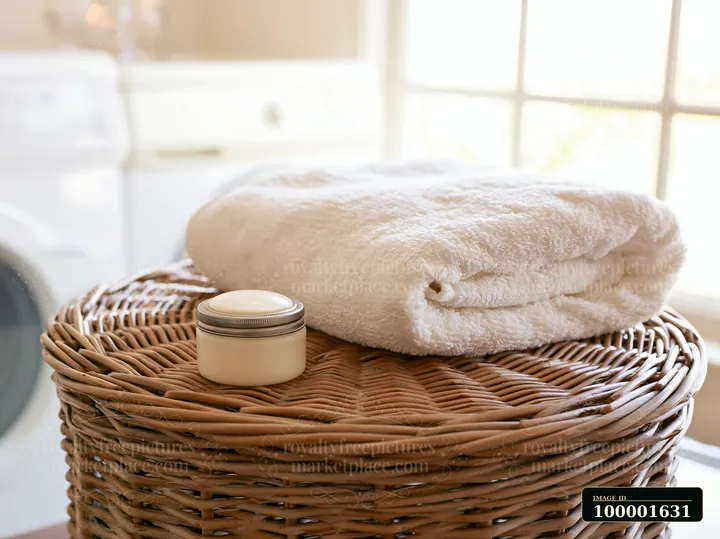 A cream dose beside folded white towel rests on a woven basket in a bright room.