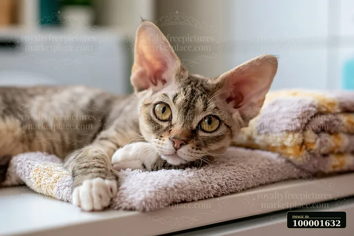 A Devon Rex cat with large ears lies comfortably on a soft towel.