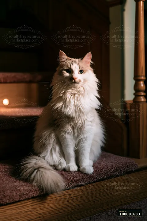 A Dwelf cat sits on a carpeted step near a staircase.
