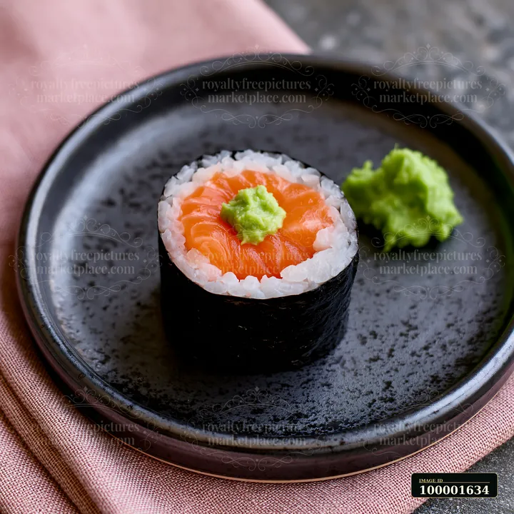 One salmon maki piece with wasabi rests on a dark plate, surrounded by simple textures.