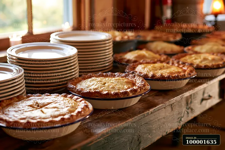 At a charity event buffet, a variety of pies are placed on a wooden table alongside stacks of white plates, ready to serve attendees in a rustic setting.
