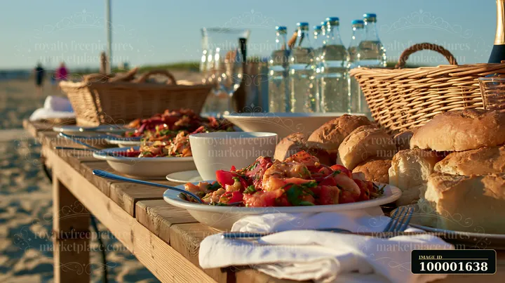 A beach picnic buffet features fresh seafood dishes, rolls, and beverages on a wooden table by the ocean during sunset.