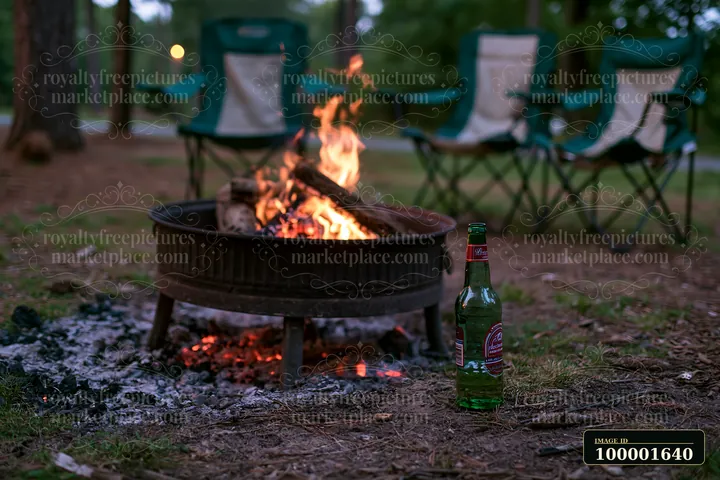 An empty bottle after party sits near a campfire with flames rising, surrounded by empty chairs.