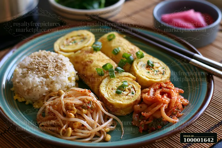 A breakfast plate with Korean breakfast includes a serving of rice, rolled omelet, and side dishes like kimchi and bean sprout salad.