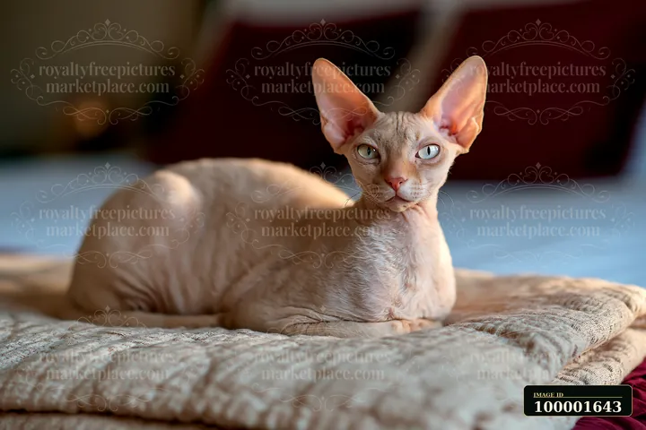 A Dwelf cat rests comfortably on a soft blanket in a cozy indoor setting.