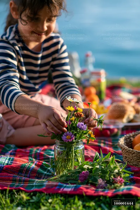 A child sits on a blanket by a blue alpine lake, arranging flowers in a jar.
