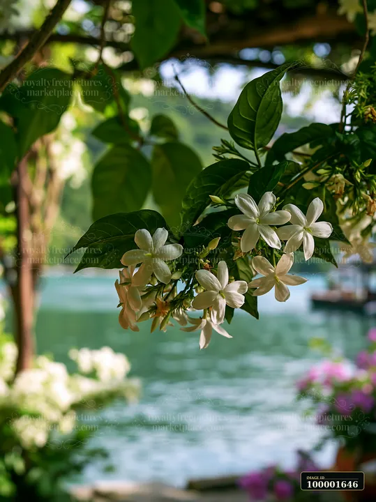 White flowers grow on a leafy plant near calm water, with other colorful blooms in the background.